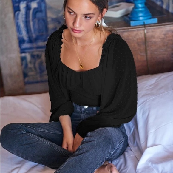 Boho gypsy crop top milk maid black lantern sleeve - Picture 4 of 11